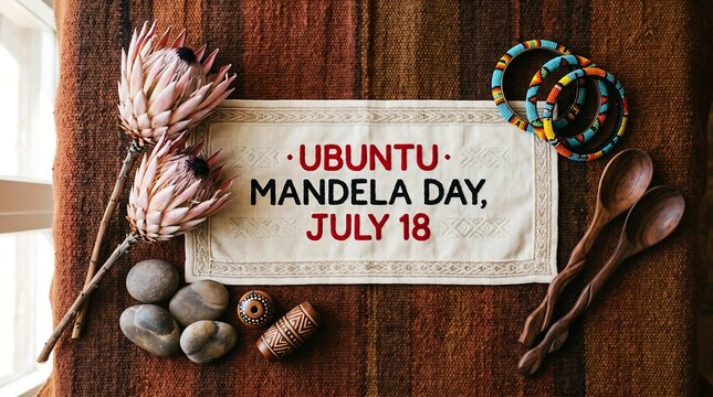 Ubuntu Mandela Day July 18 celebration layout with traditional African elements, protea flowers, beaded bangles, and wooden spoons on a textured brown fabric background.mandela day, ubuntu, july 18, n