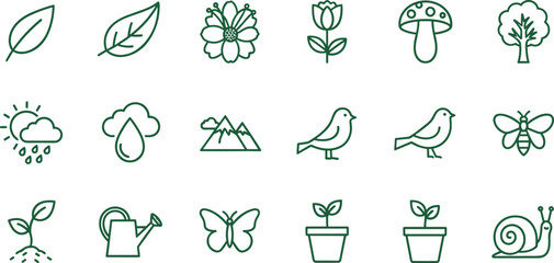 Minimal Nature Icon Vector Set With Plants Animals Weather And Garden Elements For Eco Design Projects © MDNUR