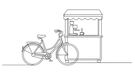 Hand-drawn sketch of a coffee cart attached to a bicycle, minimalist line art, white background © Wesi