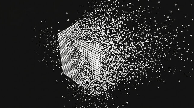 Disintegrating white cube with pixelated surface on black background