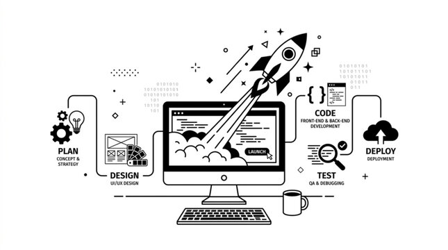 Rocket launching from computer monitor with web development process