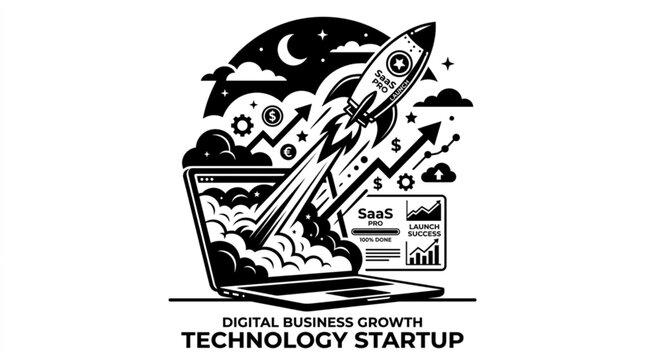 Rocket launching from laptop for digital business growth