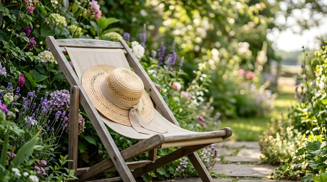 Straw hat on a wooden deck chair in a sunny blooming garden during spring