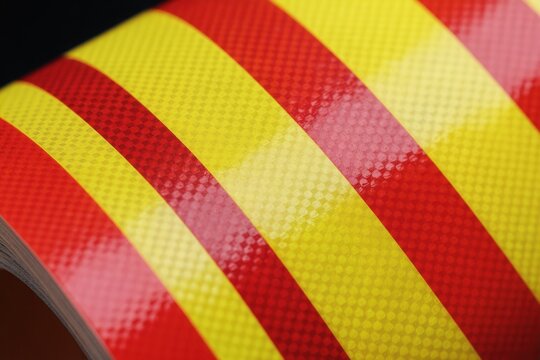 Close view of red and yellow reflective safety tape with honeycomb texture. This retroreflective material ensures high visibility in low light for safety applications.