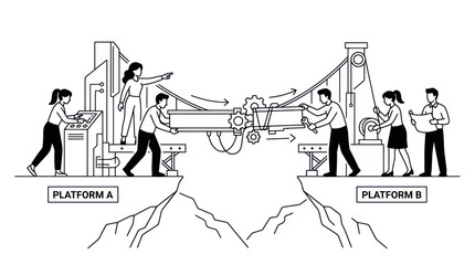 Teamwork bridging gap between platform A and B, collaboration, engineering, problem solving © cicik