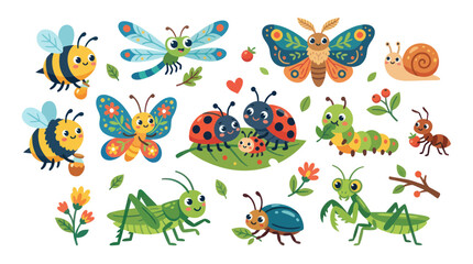 Cute Cartoon Insects Collection - Bees, Butterflies, Ladybugs, Snail, Grasshopper © cicik