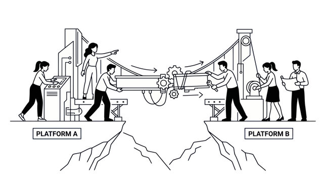 Teamwork bridging gap between platform A and B, collaboration, engineering, problem solving