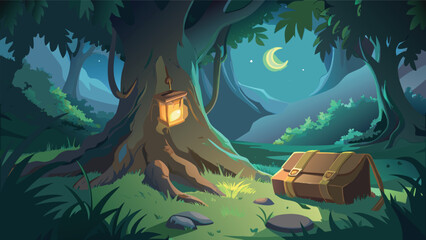 Vintage satchel resting beside a glowing lantern on a mossy tree trunk in a mystical moonlit forest clearing © CreativeKamrul