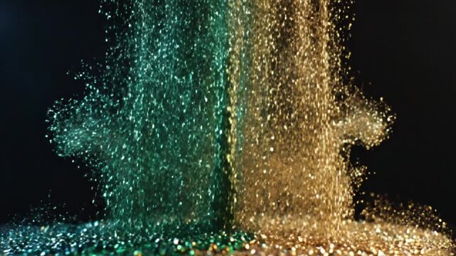 Glitter particles cascade in dual streams of vibrant teal and rich gold against a pitch black backdrop.