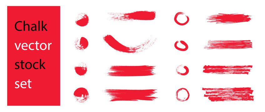 Red Grunge Paint Brush Stroke and Stripe Set, Artistic Ink Texture Elements, Rough Frames and Borders for Text, Dirty Hand Painted Design Background Collection, Stock Illustrator , Chalk vector stock.