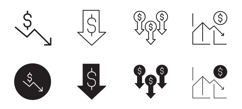 Price Drop Downward Arrow and Financial Loss Graph Icon Set Vector Elements for Discount Sales