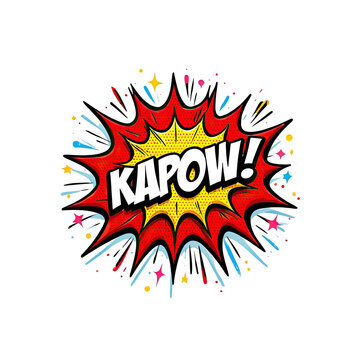 Vibrant comic explosion graphic with bold kapow text and dynamic energy burst for impactful design and illustration projects