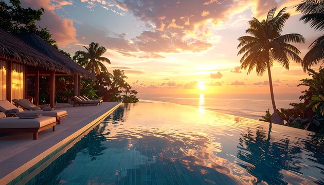 A serene infinity pool overlooking the ocean at sunset (706)