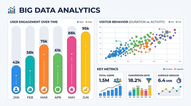 Big data analytics chart showing user engagement and visitor behavior over time with key metrics