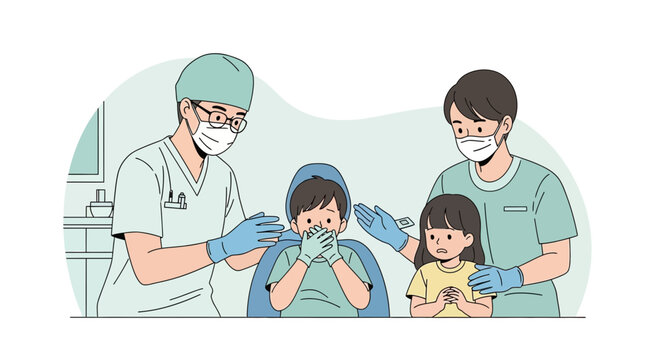 Doctors comfort scared children in medical setting