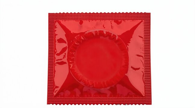 Red foil condom packet is sealed and unopened. Glossy wrapper has textured edges. Item sits on a clean white background, isolated. Safe sex product.
