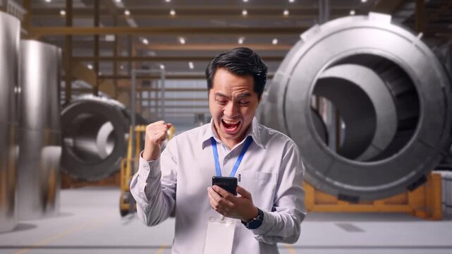 Asian Male Professional Worker Standing With His Smartphone at Heavy Factory with Large Turbine Components, He Raises His Fist Up With Screaming Goal