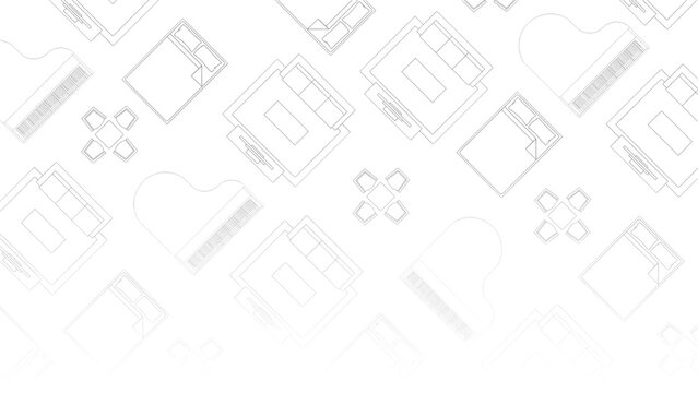 A monochromatic, high-contrast illustration featuring a repeating pattern of white line-drawn icons on a solid black background