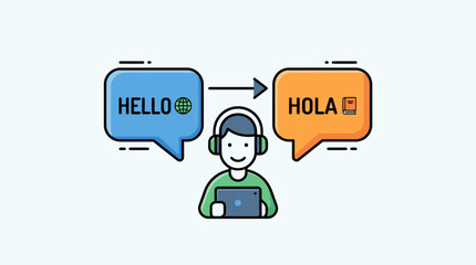 Flat illustration of language translation concept, showing a person with a tablet and speech bubbles translating from English to Spanish. © Hafiz