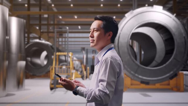 Side View Of An Asian Male Professional Worker Standing at Heavy Factory with Large Turbine Components, Observes By Looking Up Then He Come To Concentrating On The Phone And Keep On Checking