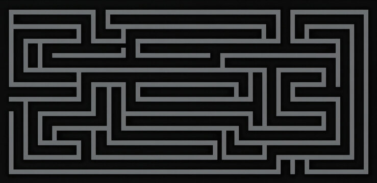 Geometric maze illustration with grey lines on black background. This abstract graphic design represents complexity and challenges for problem-solving or strategic planning.
