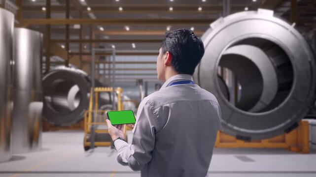 Back View Of An Asian Male Professional Worker Standing at Heavy Factory with Large Turbine Components, Checking On Smartphone With Green Screen And Look At The Factory Once