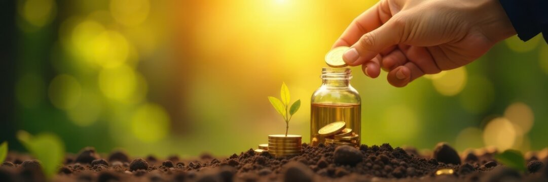 Hand releasing gold coin into bottle, plant growing on golden steps, sunlight , money, plant, stability