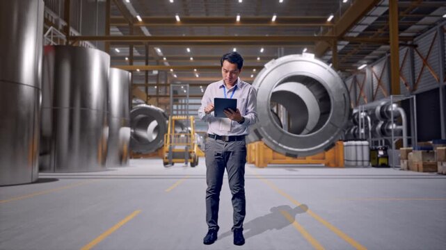 Full Body Side View Of An Asian Male Professional Worker Standing With His Tablet at Heavy Factory with Large Turbine Components, Typing On His Tablet'S Keybaord With Meditation