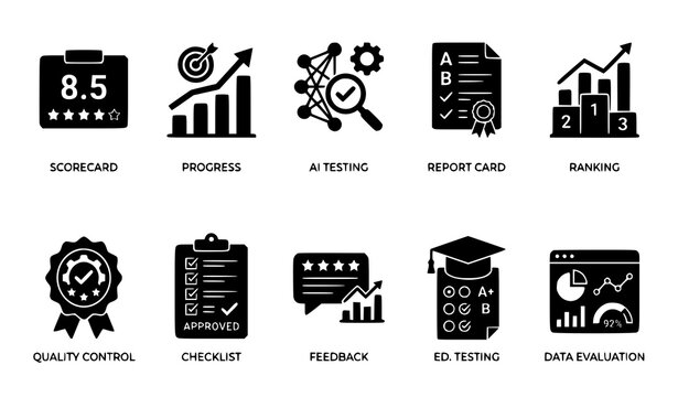 Minimal evaluation glyph icon pack assessment and machine learning symbols vector isolated on white background