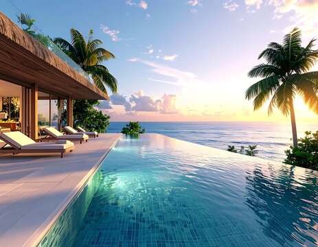 A serene infinity pool overlooking the ocean at sunset (803)