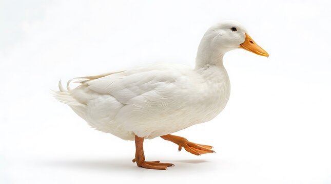 A white duck walking on a plain surface in isolation