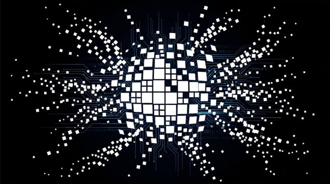 White squares exploding from circuit board on black background