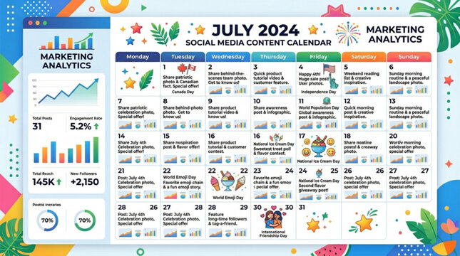 July 2024 social media content calendar with marketing analytics