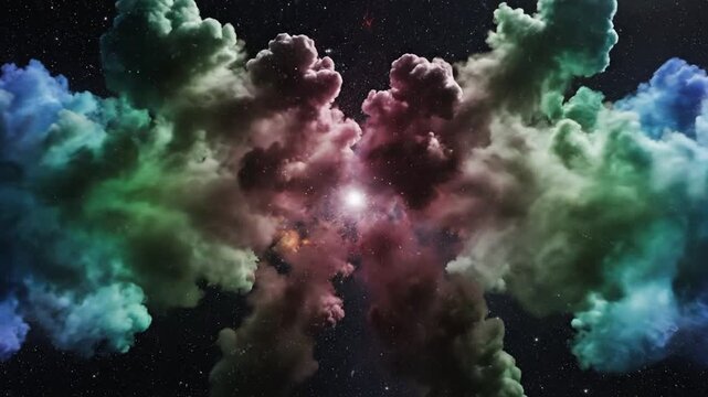Colorful smoke billows in a symmetrical explosion against a dark background to symbolize creative energy.