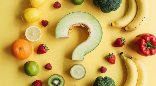 A question mark made of melon slice is surrounded by assorted fruits and vegetables. This represents a choice or question about healthy food options.