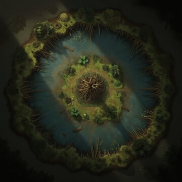 Aerial top down view of a swamp battle map. A central dead tree is surrounded by dark water and overgrown islands with logs. This is a game map for RPGs and fantasy adventures.