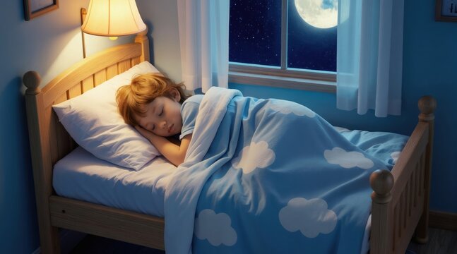 Small child slepic soundly in bed. Cozy bedroom scene with window showing starry night sky and full moon. Warm bedside lamp illuminates peaceful slumber. Dreamy cloud pattern on blanket.