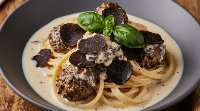 Creamy pasta with meat balls and truffle slices served on dark plate. Basil leaves garnish. Delicious Italian dish close up view. This is fine dining cuisine.