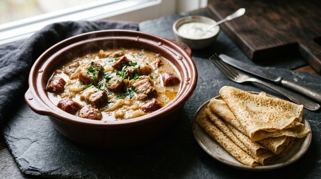 Authentic Belarusian Machanka Pork Stew with Crepes