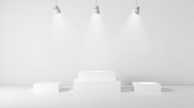 Clean white exhibition space with three illuminated pedestals and spotlights