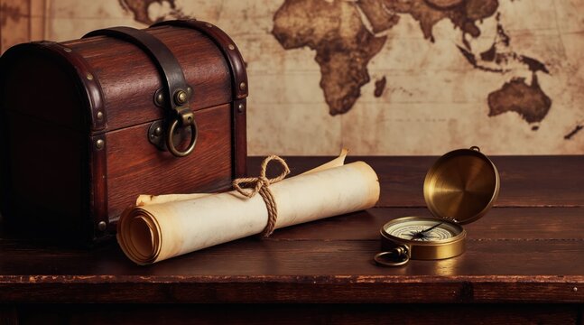 Wooden treasure chest sits with rolled scroll and brass compass on table. Old world map displayed in background suggesting adventure, exploration, and discovery. Perfect for historical themes.