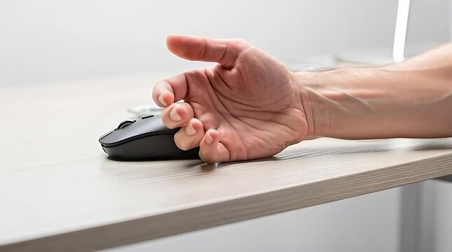 Close up of hand releasing computer mouse and stretching sore wrist on office desk