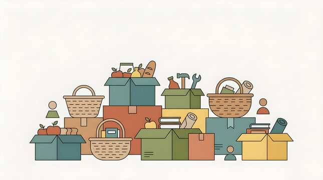 Moving Day Illustration Featuring Packed Cardboard Boxes and Woven Baskets for Relocation