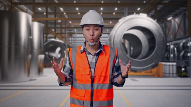 Asian Male Engineer With Safety Helmet Smiling To Camera And Saying Wow While Standing at Heavy Factory with Large Turbine Components