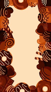 Delicious chocolate dessert border featuring donuts, cookies, truffles, wafers, and sweet pastries surrounding a clean copy space. Perfect for food promotions, bakery ads, menus, and seasonal content.
