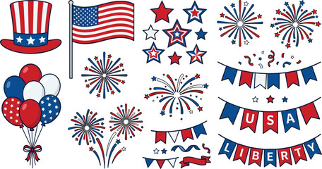Obraz premium Patriotic American Independence Day vector icon set, fourth of July holiday celebration elements collection