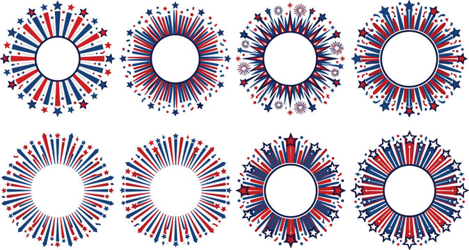Patriotic American firework burst vector frame set, fourth of July Independence Day holiday celebration borders