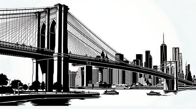 Brooklyn bridge vector and manhattan skyline in black and white