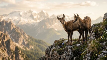 Obraz premium Two mountain goats on rocky cliff.