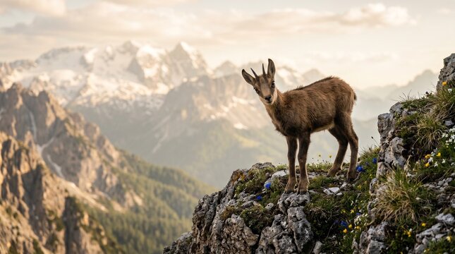 A chamois standing on a rocky mountain peak.